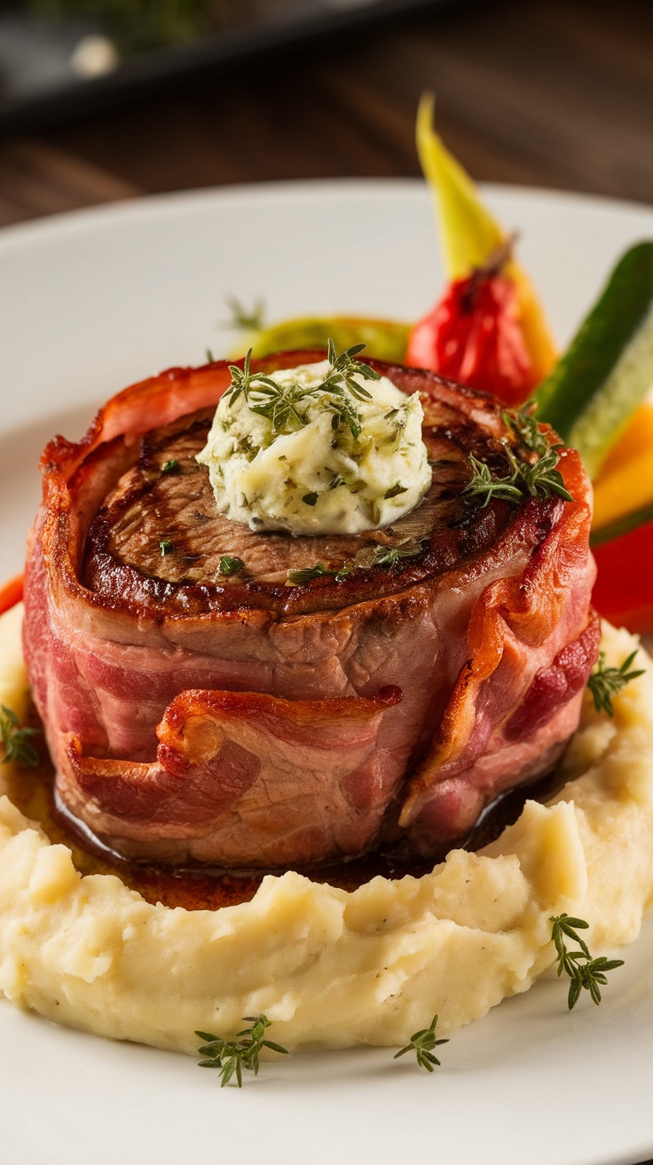 Bacon wrapped filet mignon with herb butter on a plate, served with mashed potatoes and vegetables.